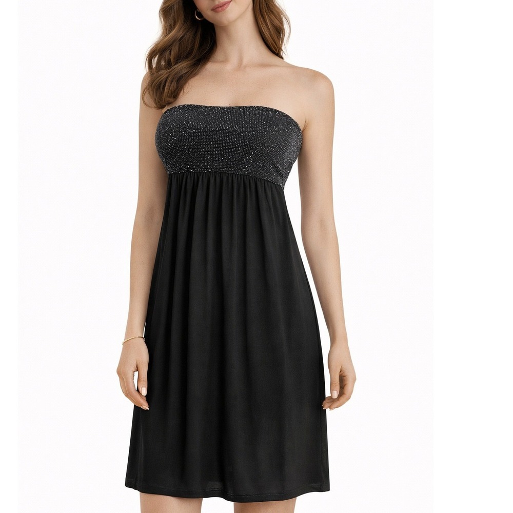 Wild Daisy Strapless Party Dress Women's L Black Glitter Empire Waist Midi‎